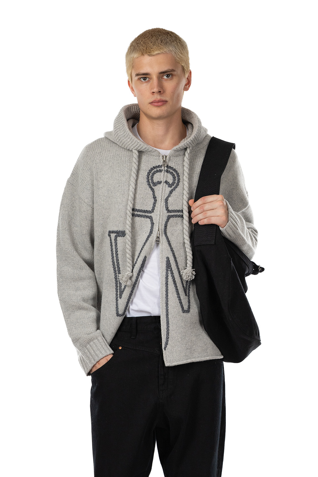 JW Anderson - Anchor Emroidery Zipped Hoodie -Light Grey Melange